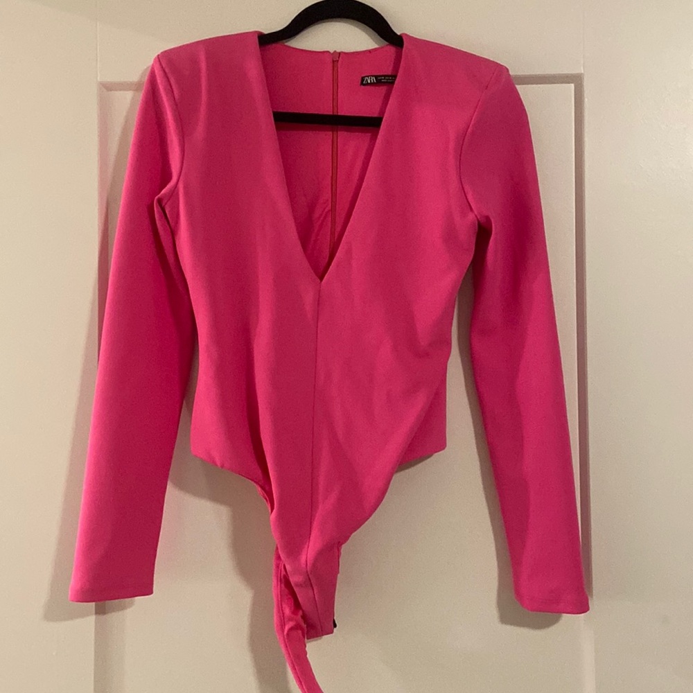 Zara deep V neck hot pink bodysuit